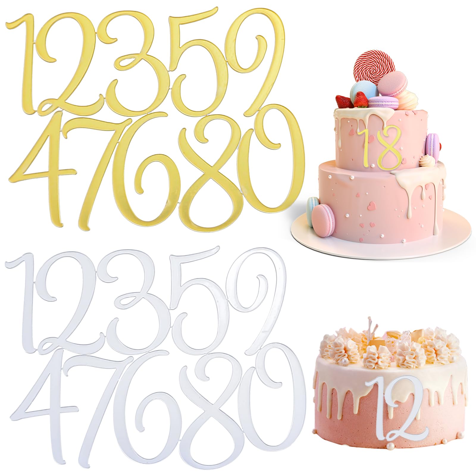 Photo 1 of 2 Sets 0~9 Numbers Happy Birthday Cake Toppers, Large Acrylic Cake Numbers Toppers, DIY Cupcake Toppers, Gold Silver Acrylic Wedding Party Cupcake Toppers, Birthday Party Supplies