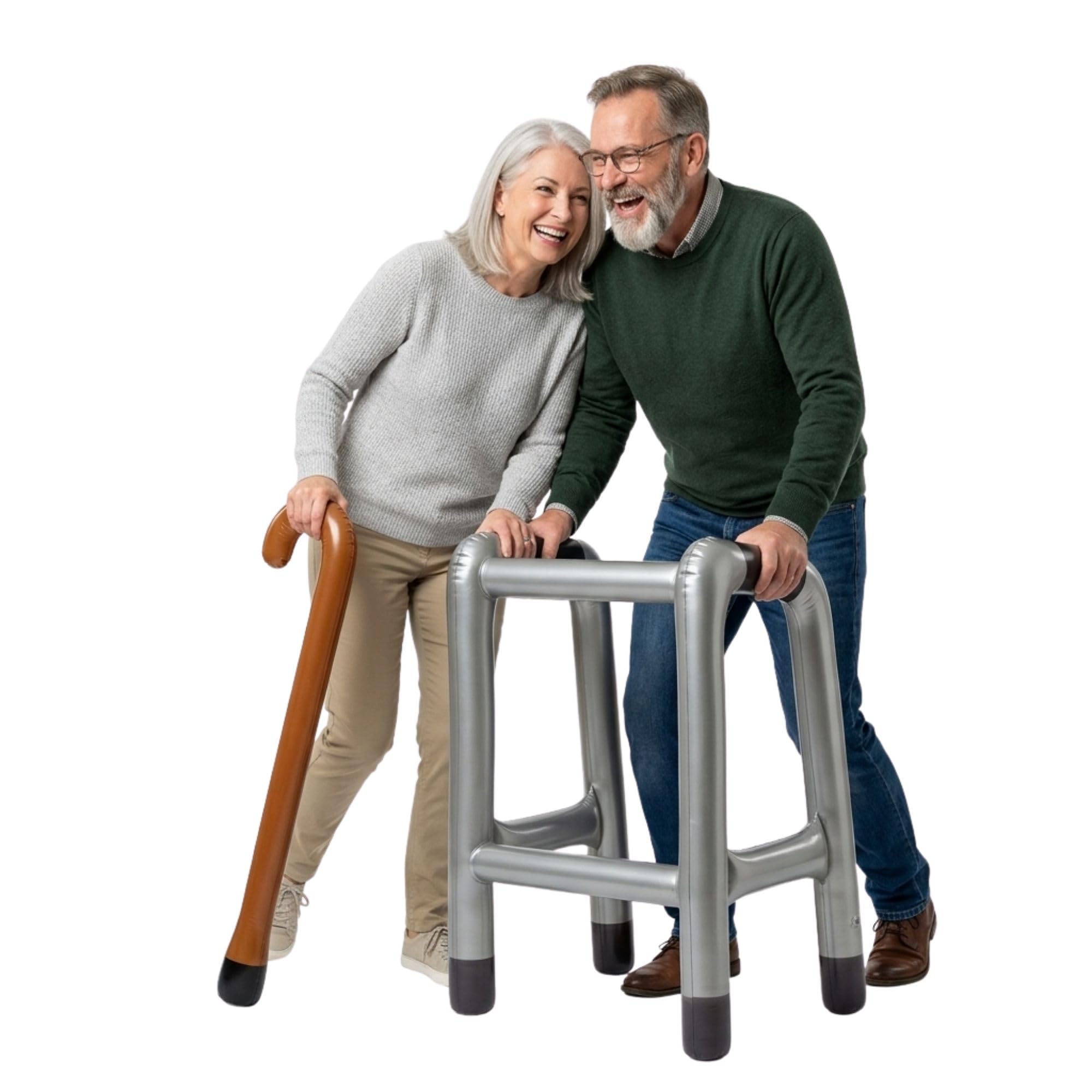 FNA FASHIONS® Inflatable Zimmer Frame & Walking Stick Set – 35" Blow-Up Plain & Printed Joke Props | Funny Retirement, 50th 60th Birthday Gifts for Men (Plain Sliver/Black)