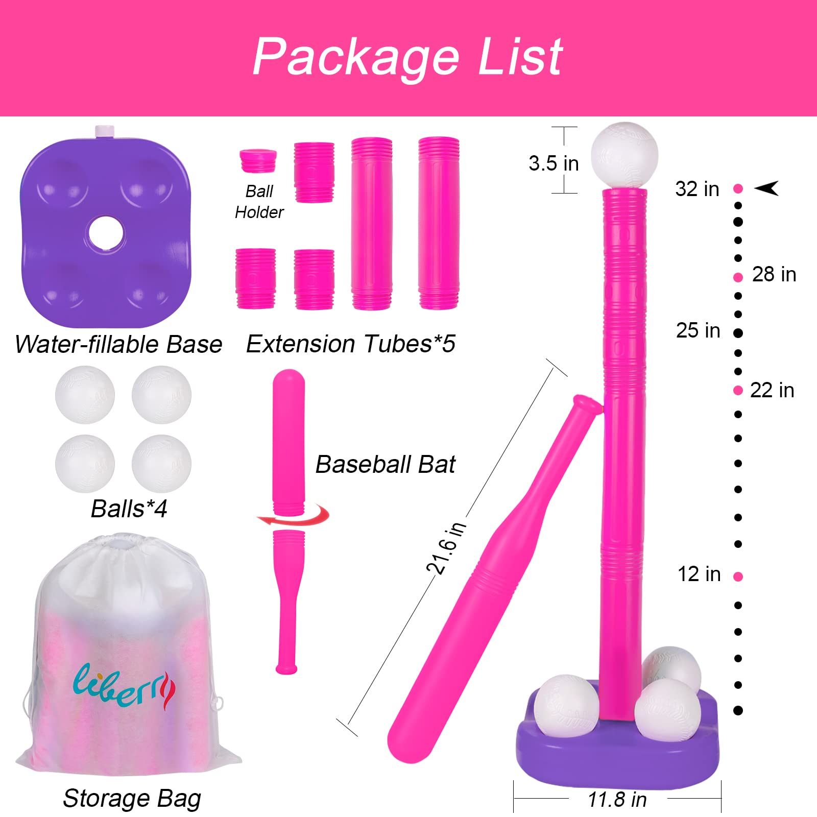 Liberry Adjustable T-Ball Set for Kids and Toddlers, Includes Kids Baseball Bat, Adjustable Height Tee Ball Stand, 4 Balls and Weighted Base, Sports Game Toy Gift for Boys Girls (Pink)