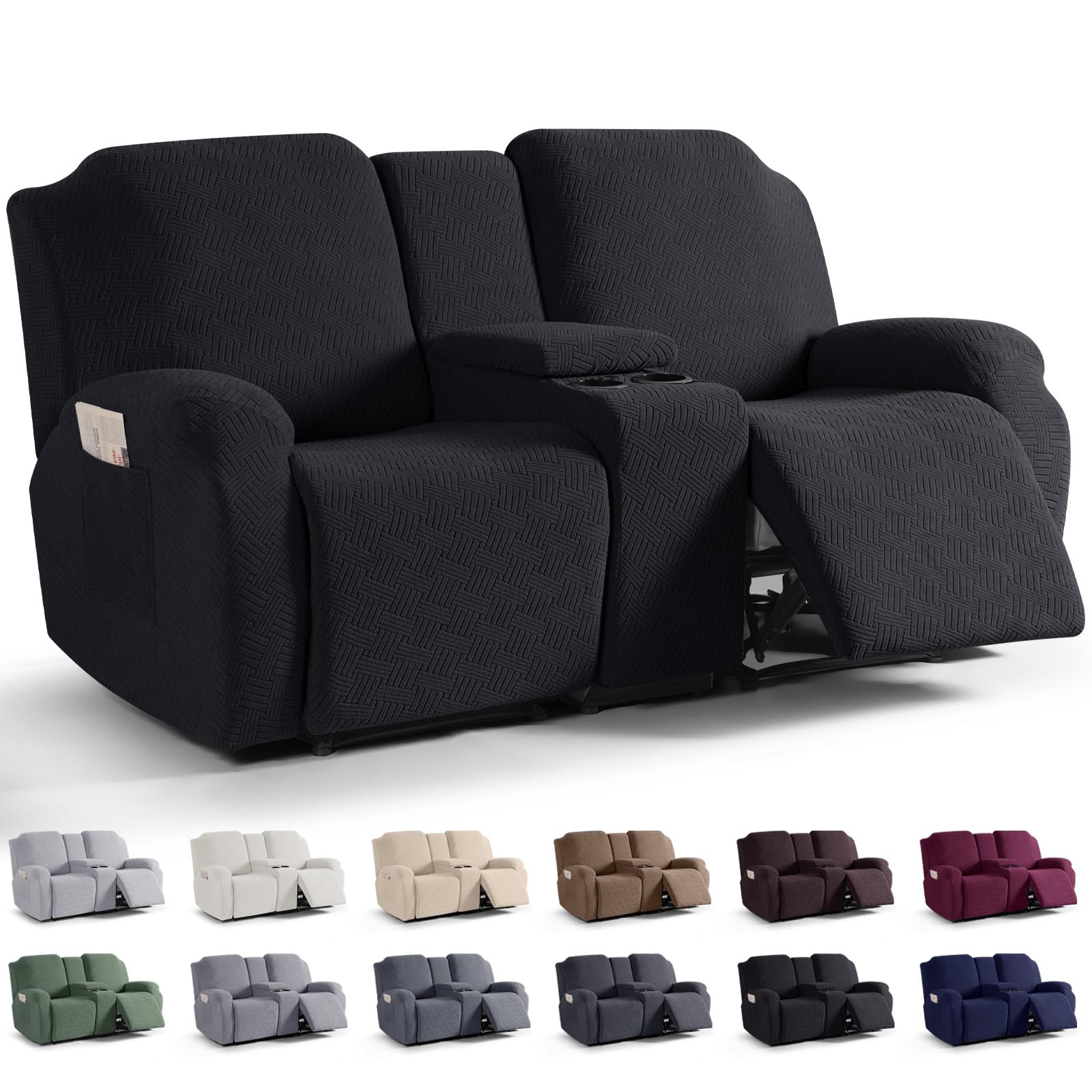 Photo 1 of KinCam Loveseat Recliner Covers with Middle Console Slipcover, Recliner Sofa Covers 2 Seat Couch Cover Stripe Jacquard Furniture Protector Covers with Elastic Bottom for Kids, Pets (Black)