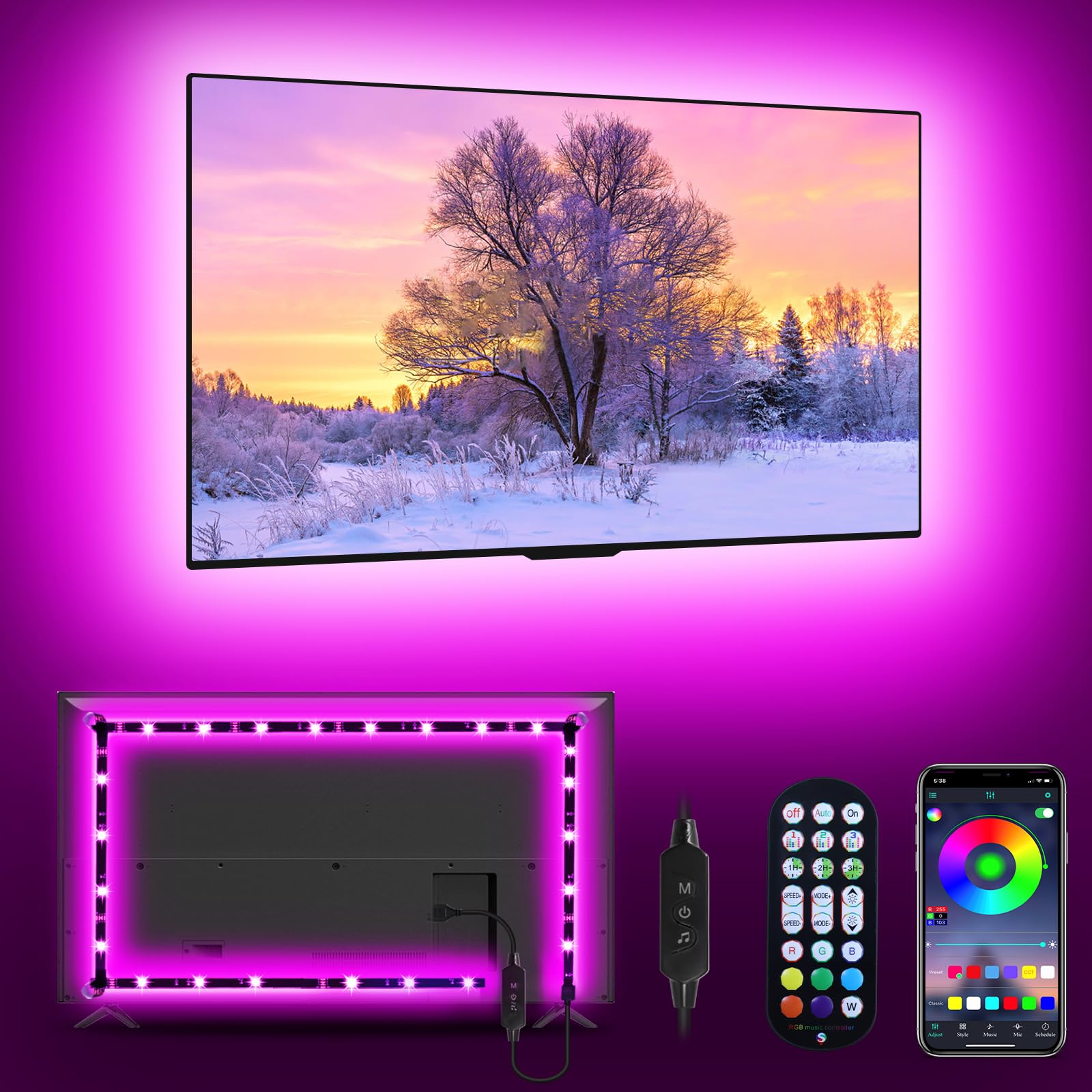 Photo 1 of Daymeet LED Lights RGB Backlight, 16.4ft Strip for 65-85 inch TV Behind, Music Sync USB Bluetooth APP Remote Control Color Changing Light for Gaming Room