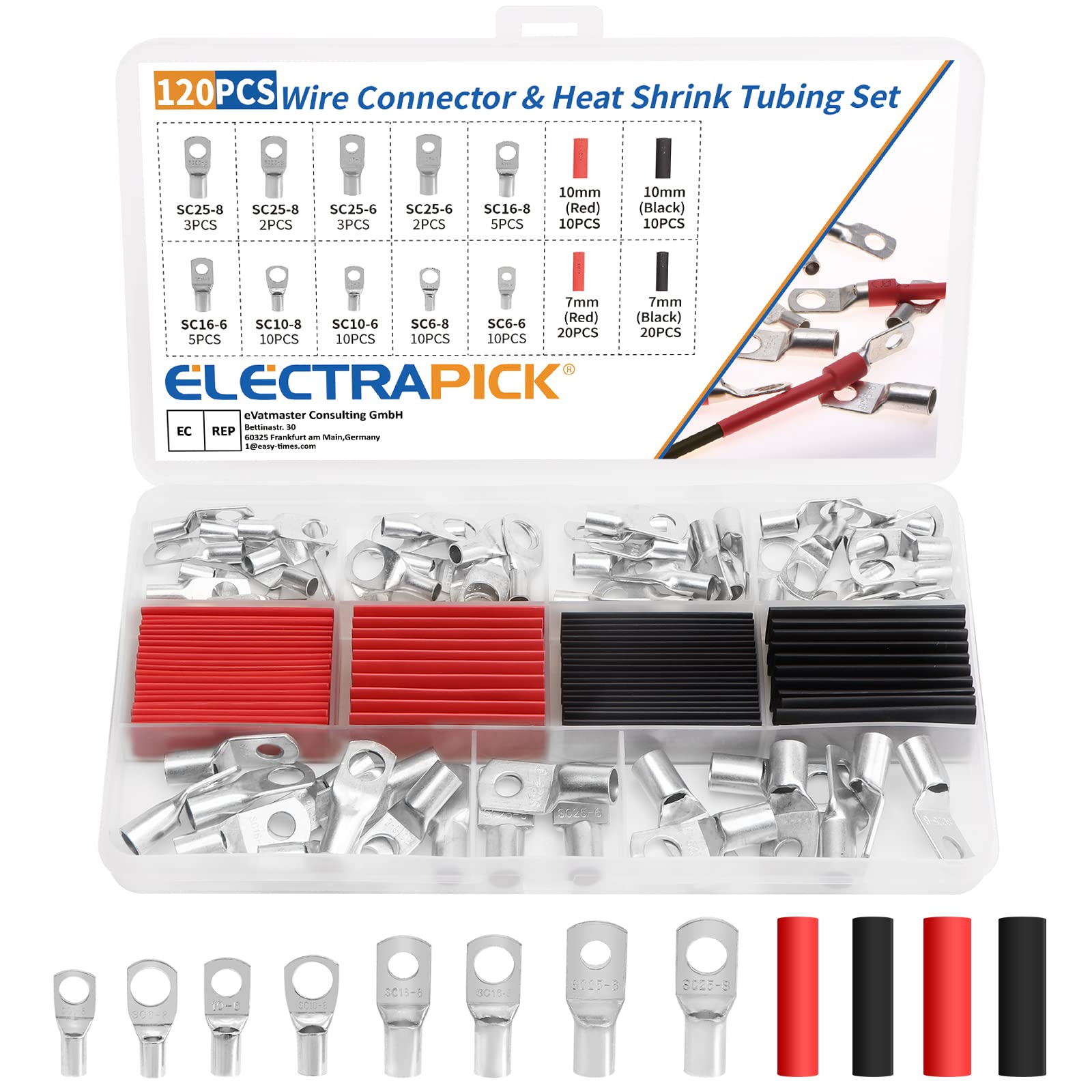 electrapick 120PCS Bolt Hole Tinned Copper Terminals Set-Wire terminals Connector Cable lugs Ring Battery SC Terminals Set Marine Grade Cold-Pressed Crimp Type (Silver, 60+60 Pcs)