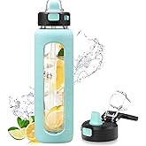 Kodrine 32 oz Glass Water Bottle with Straw and Carry Loop, One-Touch Leakproof Locking Lid, Reusable Drinking Bottle with Time Marker for Travel Home Gym Sports (light Blue)