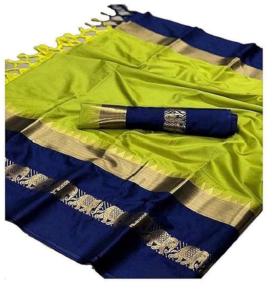 Women Soft Cotton Silk Traditional Hathi Zari Border saree With Unstitched Blouse