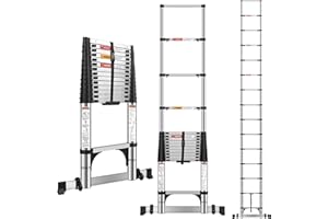 DEZEX Telescoping Ladders 16.5 FT Stainless Steel Extension Ladders - Multi-Button Retraction Collapsible Ladder for Home,RV,Loft, Lasts 375 LBS with Balance Bar,2 Triangle Stabilizers and Wheels