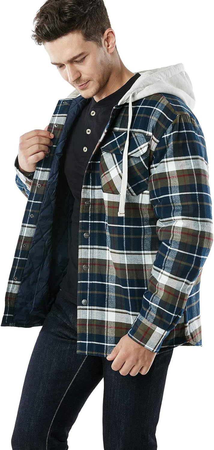 CQR Men’s Hooded Quilted Lined Flannel Shirt Jacket, Long Sleeve Plaid Button Up Jackets: Clothing