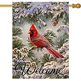 Artofy Welcome Winter Cardinal Home Decorative House Flag, Red Bird Snowy Pine Branches Garden Yard Outside Decor, Christmas Farmhouse Outdoor Large Decoration Double Sided 28 x 40