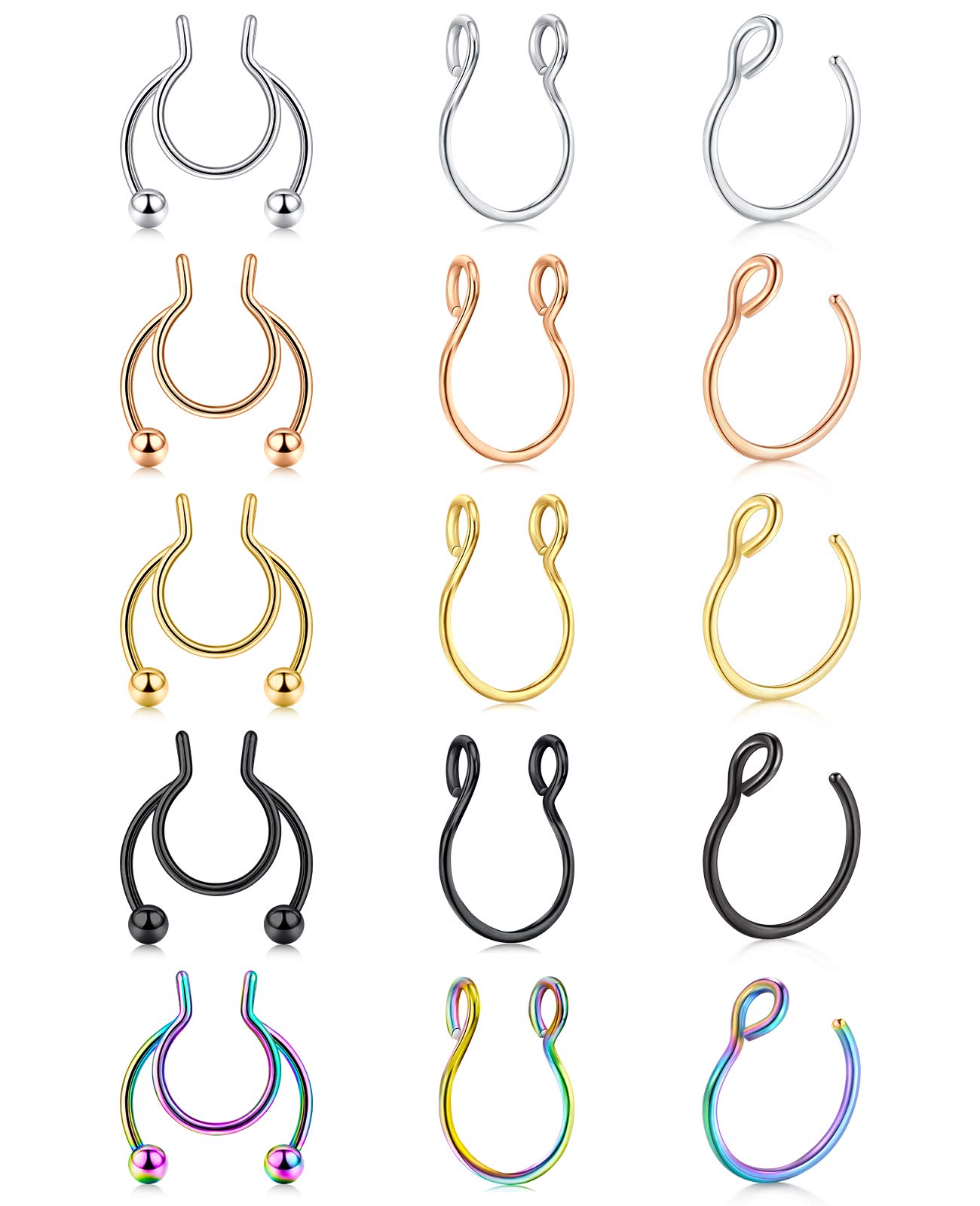 AceFun fake black septum Fake Nose Septum Piercing Ring 15pcs Helix Horseshoe Hoop Ring Tragus Cartilage Earrings Body Piercing Jewelry