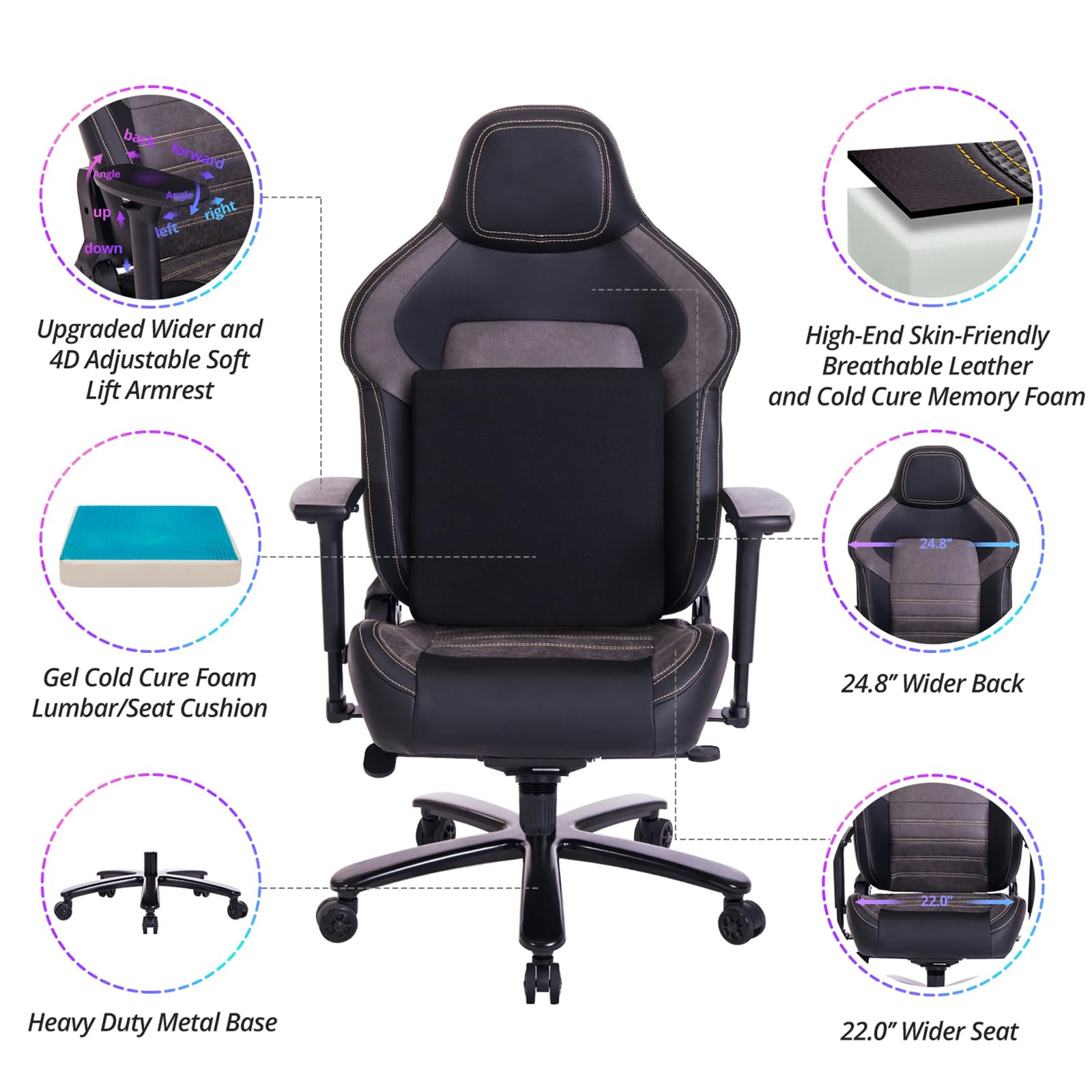 Big and Tall Gaming Chair 440LBS Gaming Chair with Metal Base Memory Foam Lumbar 4D Adjustable Armrest Computer Chair for Heavy People Ergonomic High-Back Computer Chair