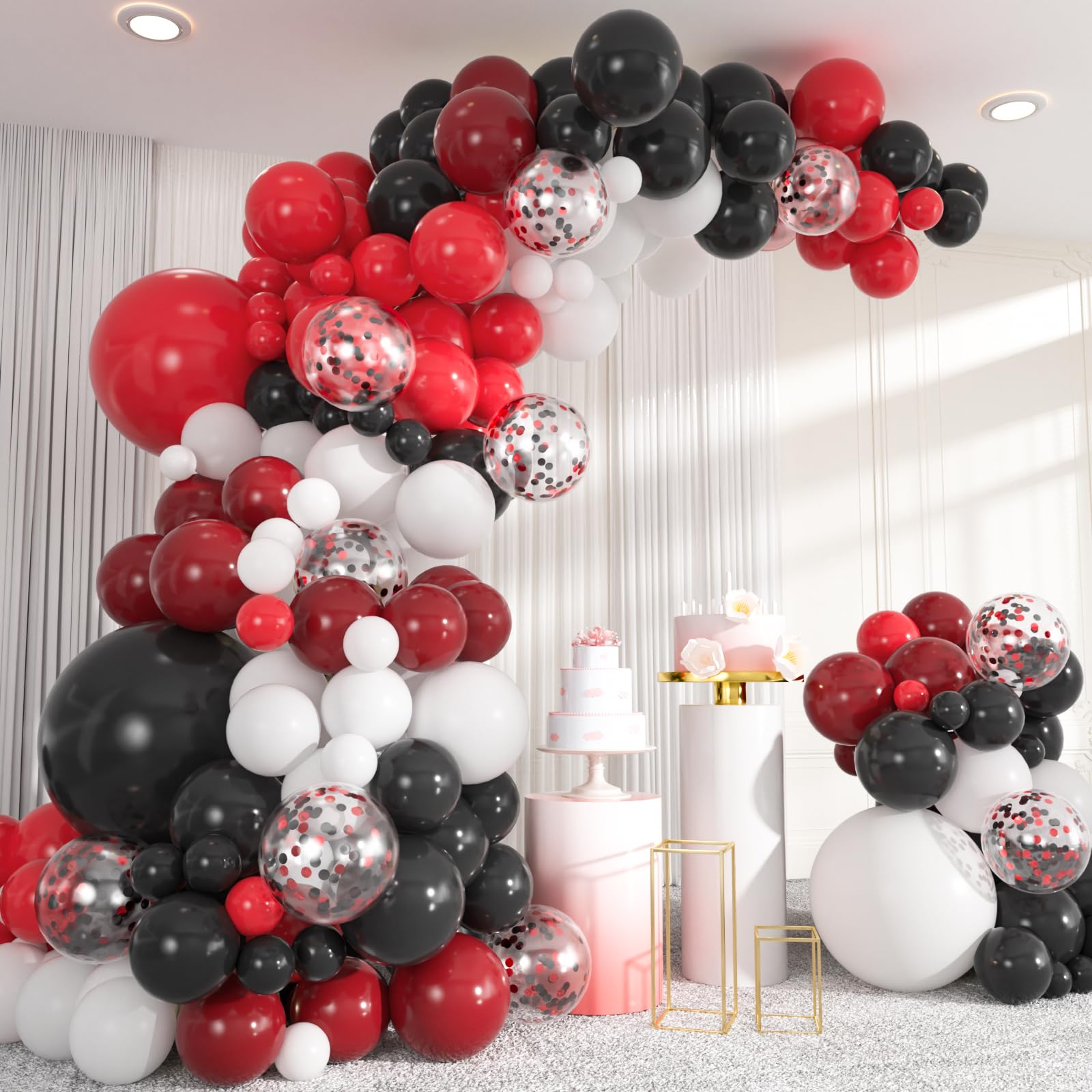Photo 1 of 137pcs Red Black White Balloons Arch Kit, 18/12/10/5 Inch Ruby Red White Black Confetti Balloons for 2025 Graduation, Birthday, Wedding, Baby Shower, Poker Card Party Decorations