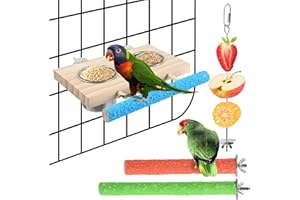 LifeIdeas Bird Feeding Dish Cups, Wooden Perch Stand Platform Paw Grinding Toy Feeder, with Clamp Holder Stainless Bird Feeder Birds Food Water Bowls Cage Food Holder Parrot Fruit Vegetable Skewer