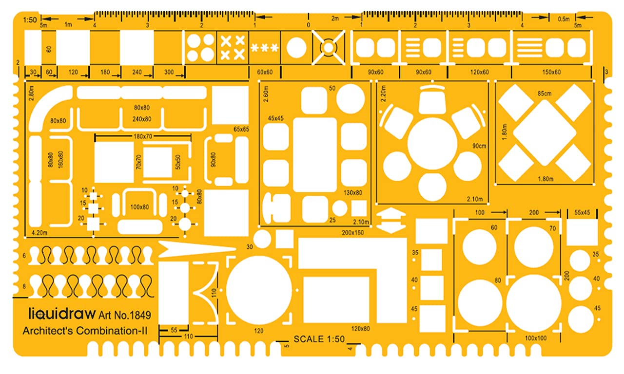 Liquidraw 1:50 Scale Architectural Scale Ruler | Designed for House Interior Floor Plan | Technical Architect Drafting Tool | Contains Symbols for Kitchen, Bathroom, Appliances & More | 1.5 mm Thick