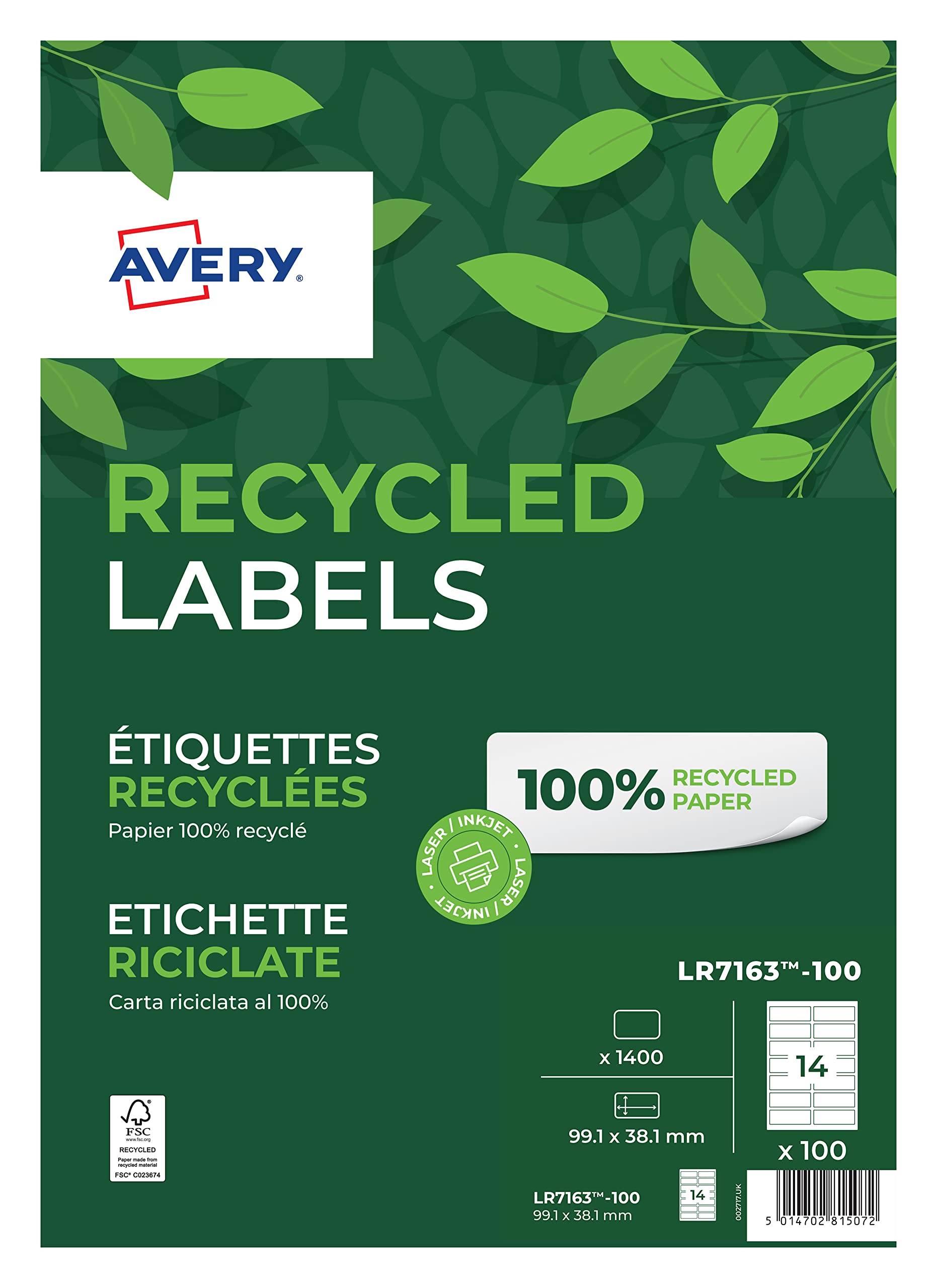 Avery Recycled LR7163-100 Address Labels, 99.1 x 38.1 mm, Permanent, 14 Labels Per Sheet, 1400 Labels Per Pack