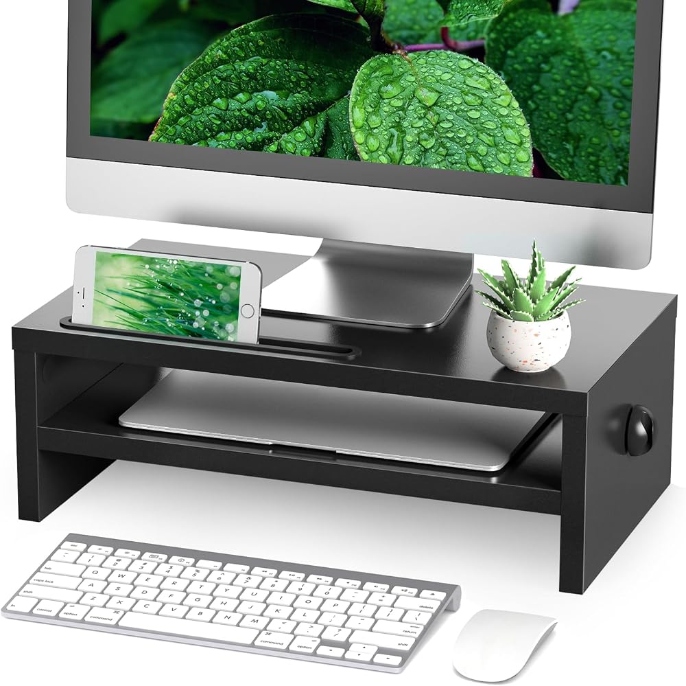 RFIVER Wood Monitor Stand Riser Desk Riser with Phone Holder 2 Tiers Black