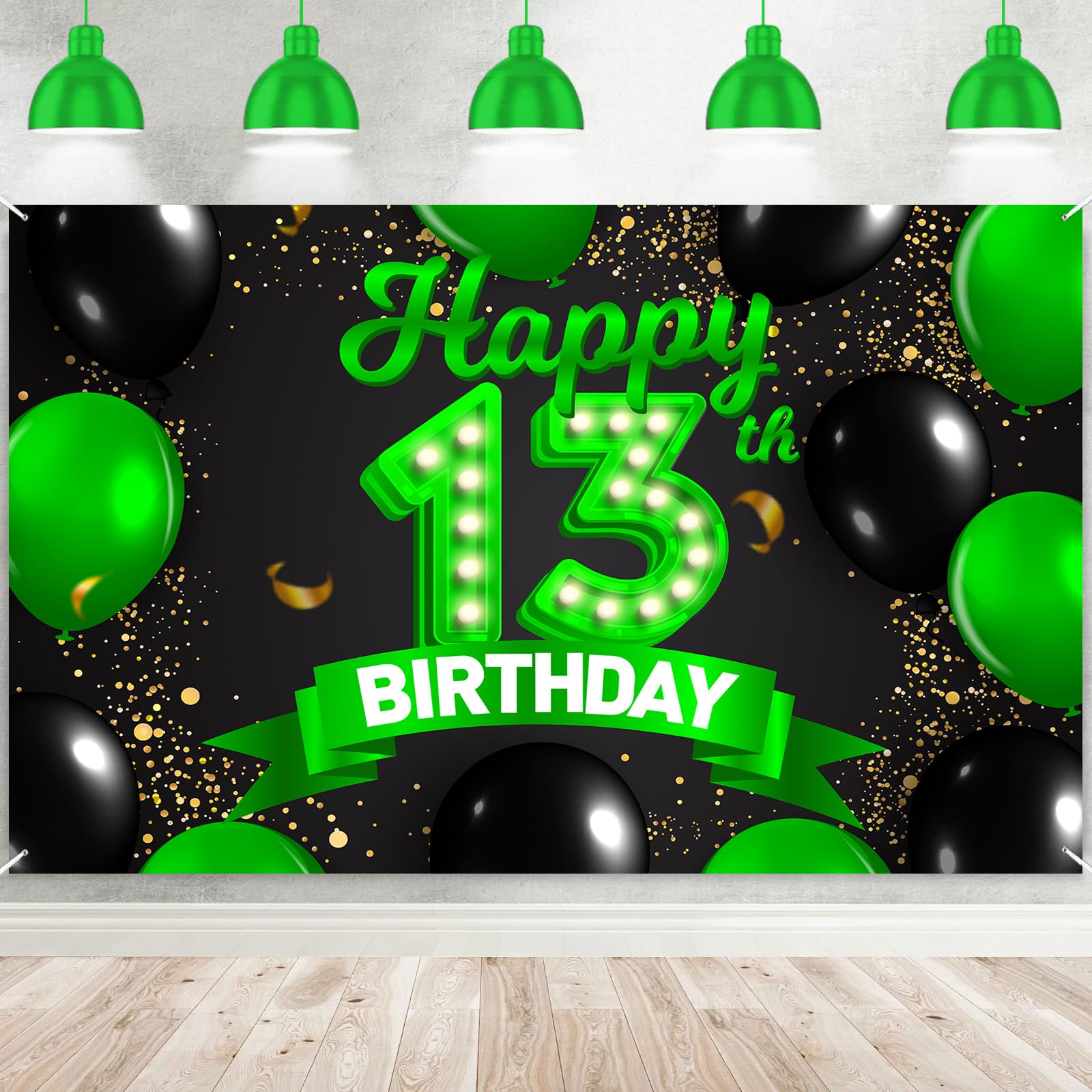 Photo 1 of Happy 13th Birthday Green and Black Banner Backdrop Cheers to 13 Years Old Confetti Balloons Theme Decor Decorations for Girls 13 Years Old Birthday Party Bday Supplies Background Gift Glitter