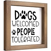 pechpell Wooden Dogs Welcome People Tolerated Sign, 6 Inch Dog Decor for Home, Room Bathroom Bedroom House Wall Table Shelf Rustic Decorations
