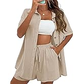 QIBABU Women's Linen Shorts Sets 2 Piece Summer Short Sleeve Top and Shorts Sweatsuit Set Vacation Beach Outfits