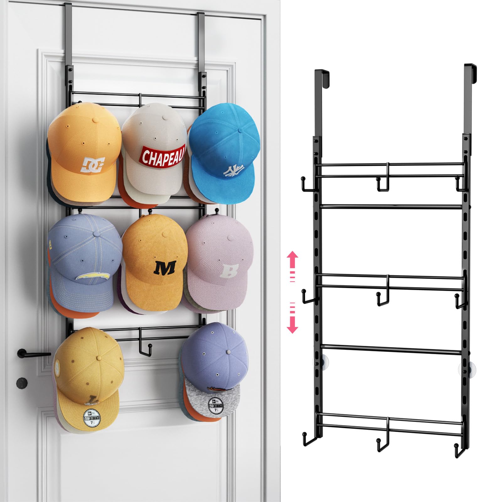 Photo 1 of SWTYMIKI Over Door Hat Organizer - 3 Tier Metal Adjustable Wall Mounted Hat Rack with 9 Hooks Design, Hanging Baseball Cap Organizer Storage Holds up to 27 Caps for Door, Bedroom, Closet