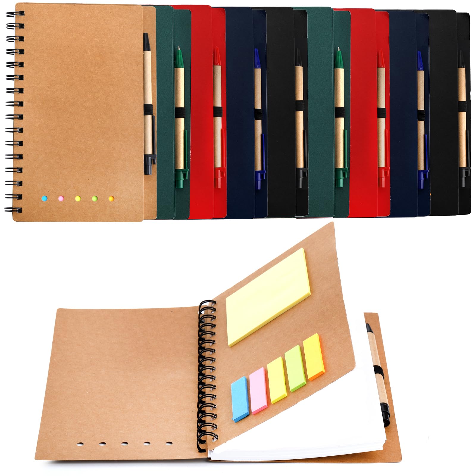 SOUJOY 10 Pack Lined Spiral Notebook, A5 Notepad with Pen, Kraft Paper Notebook with Sticky Notes and Page Marker Colored Index Tabs for School Office