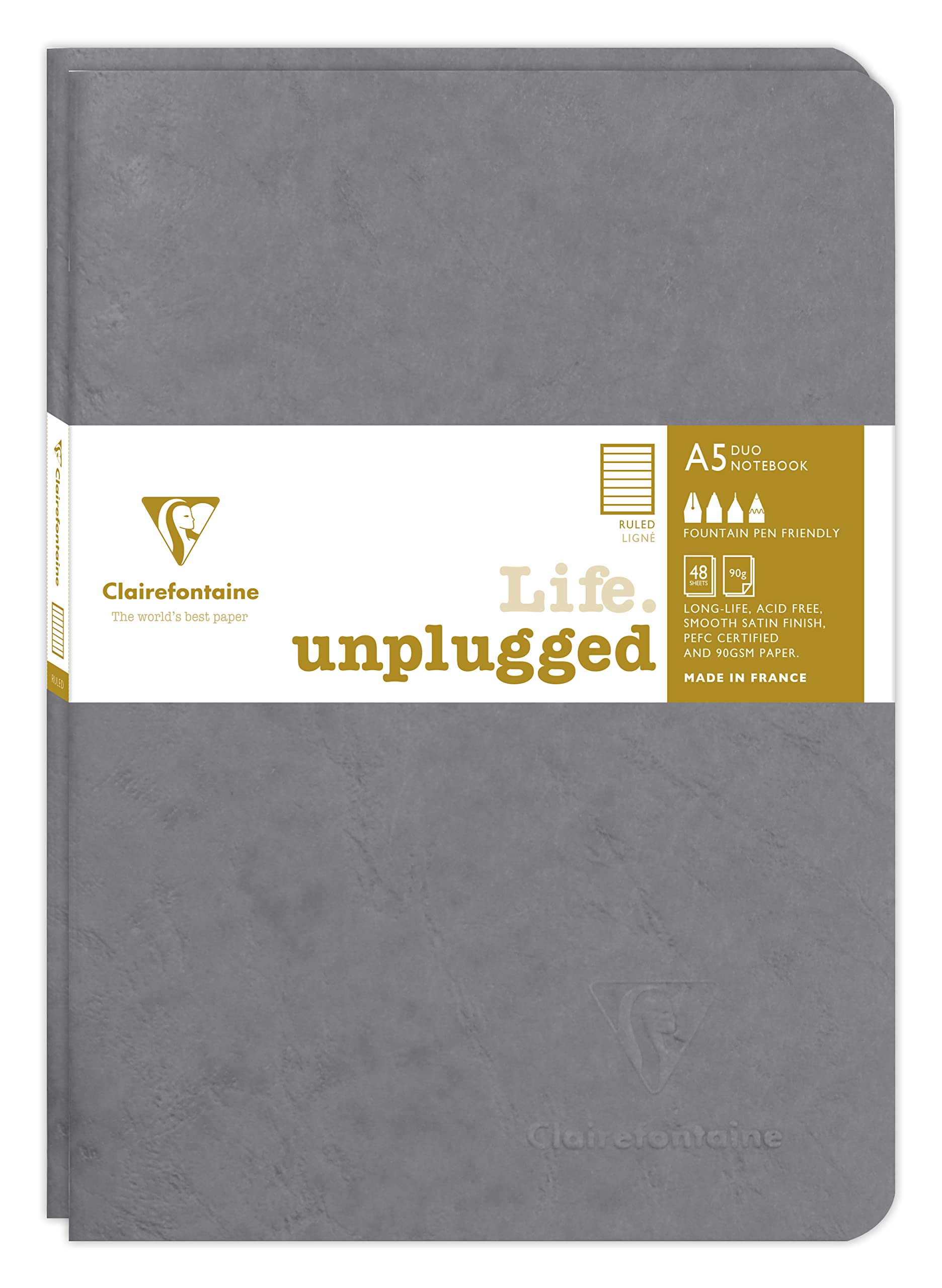 Clairefontaine 733175C Collection Age Bag Set of 2 Grey Duo Stapled Notebooks - A5 15.8x21 cm - 96 Lined Pages - 90 g White Paper - Leather Grain Card Cover