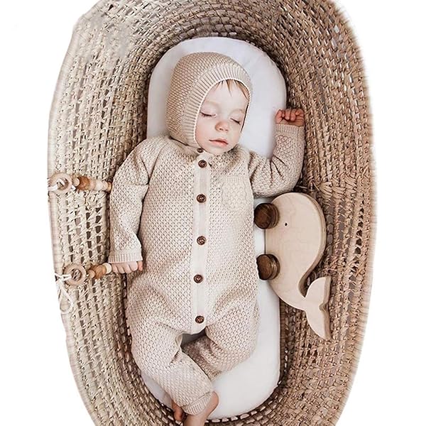 OLSCROM BABY NEWBORN KNITTED SWEATER ROMPER LONGSLEEVE OUTFIT COTTON JUMPSUIT WITH WARM HAT SET LIGHT CAMEL