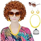 Yargel Hair Orange Wig for Women Landlady Costume Red Orange Curly Synthetic Wig With Yellow Jewelry Necklace+Earrings+Glasses Ginger Wigs For Cospaly Halloween Party Use
