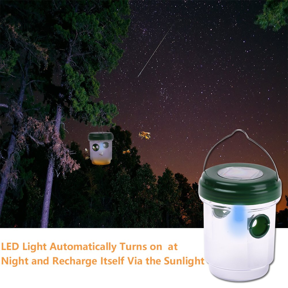 HUYIJJH Wasp Trap Catcher Solar Powered Killer Repellent Outdoor Reusable with Ultraviolet LED Light for Bees, Wasps, Hornets, Yellow Jackets and More (2 Pack)