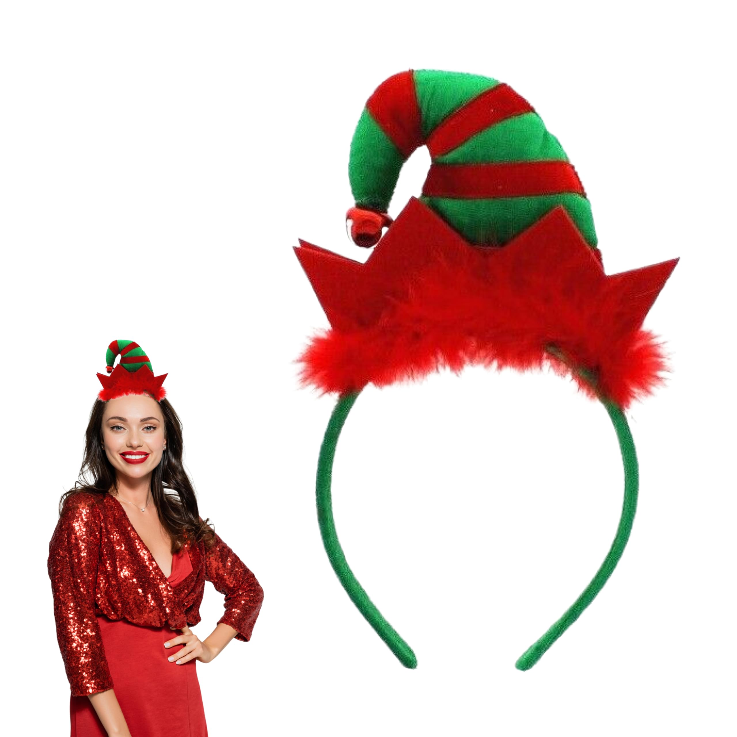 Lizzy | Christmas Headband | One Size, Red & Green Elf Hat with Bell | Comfortable Fit, Festive Accessory, Versatile for Children & Adults | For Xmas Parties, Fancy Dress