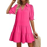 Dokotoo Casual Dresses for Women Lapel Collared V Neck Mid Sleeved Pleated Summer Dresses for Women 2026 Midi Dresses