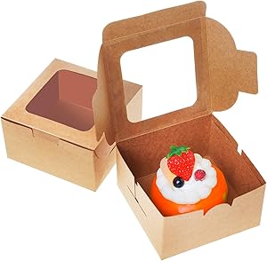 Kraft Paper Cake Boards Bakery Boxes with Auto-Popup Window, Gift Boxes 4 x 4 x 2.4 inches (Pack of 50) For Pies Cakes Cupcakes Pastries Desserts Shop