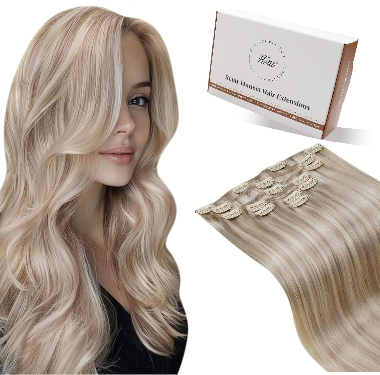 Hetto Clip in Hair Extensions Real Human Hair Ash Blonde Mix Bleach Blonde 22 Inch 120g 7pcs -Straight Hair Extensions Clip in Human Hair, Invisible Comfort Wear Hairpieces for Dating #18/613 — image 1
