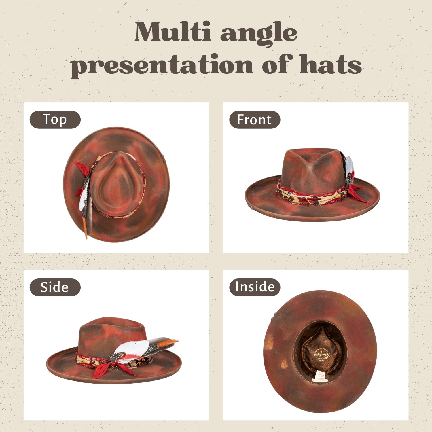 Condition photo showing New/Like New for ruediger vintage wide brim fedora hats 100% wool stiff felt hat rancher hat with lightning logo hand