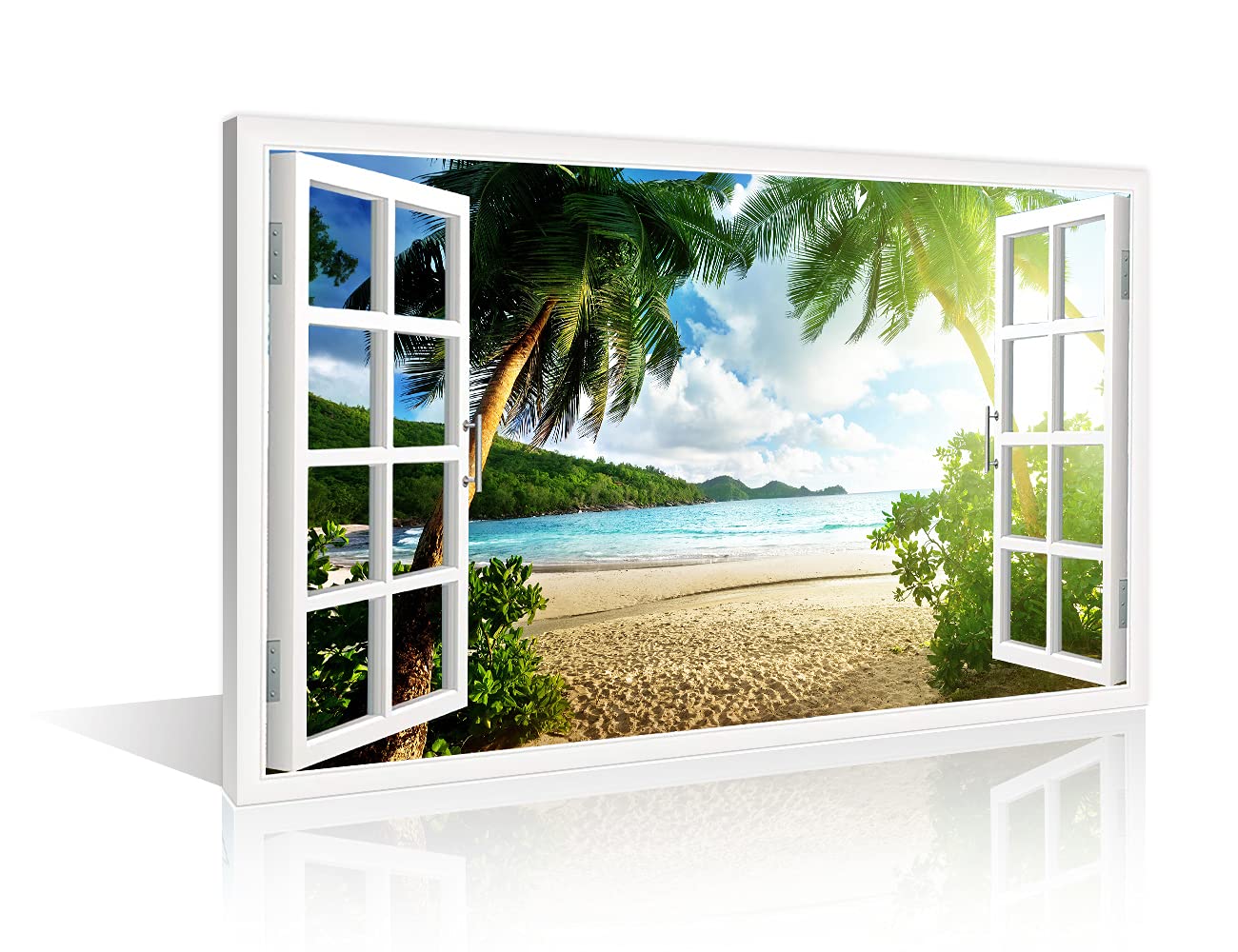 TISHIRON Wall Art Beach Sunset 3D Window View Effect For Home Modern Decoration Painting Pictures Print On Canvas Wooden Frame Ready To Hang(18X12in)