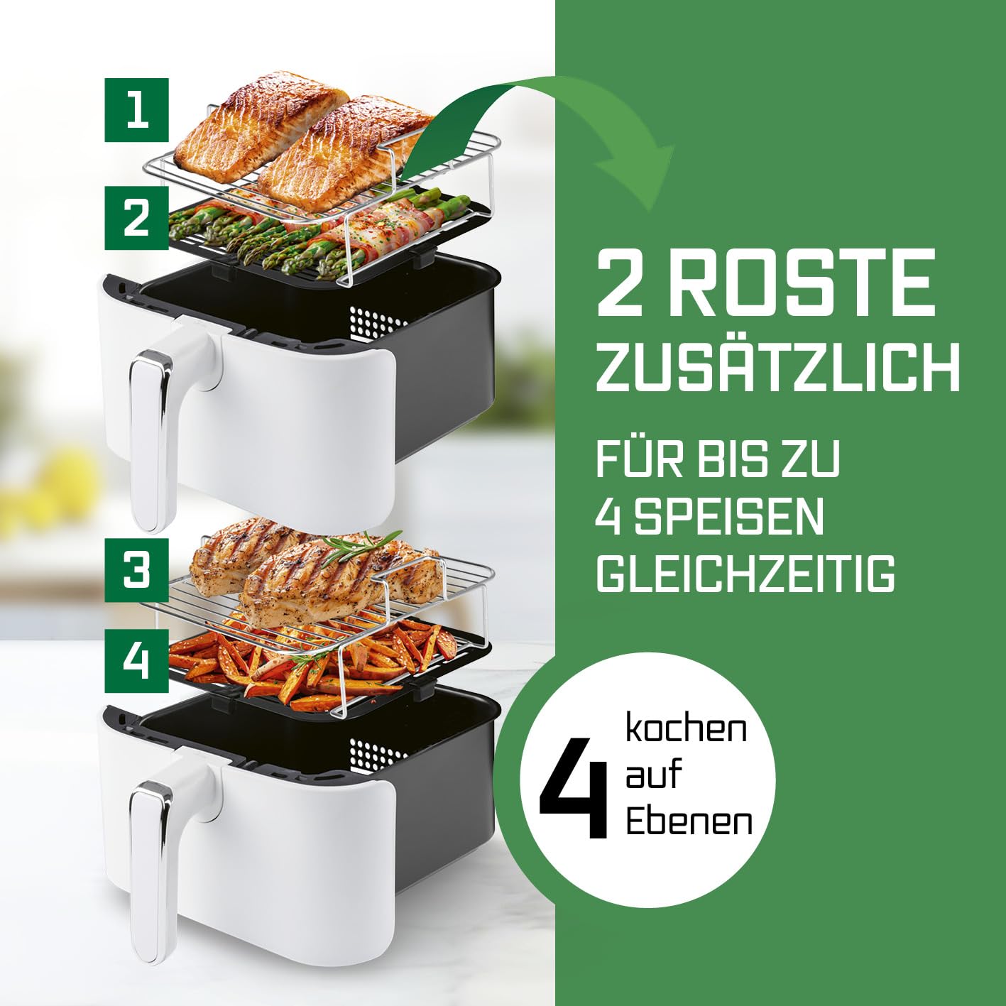 GOURMETmaxx FryUp Vertikale Doppelkammer Heißluftfritteuse | vertikaler Airfryer | klappbares Touchdisplay | 32% platzsparender | Fassungsvermögen 10L | Heißluftfritteuse 2 Kammern 3