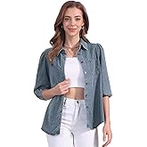 Allegra K Denim Shirt for Women's 3/4 Puff Sleeve Collar Button Down Jean Shirts