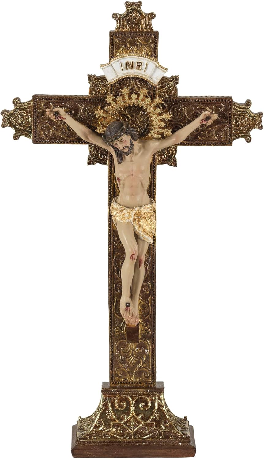 Dicksons Crucifix Cross Gold Tone 13 x 7 Resin Stone Collectible Tabletop Figurine