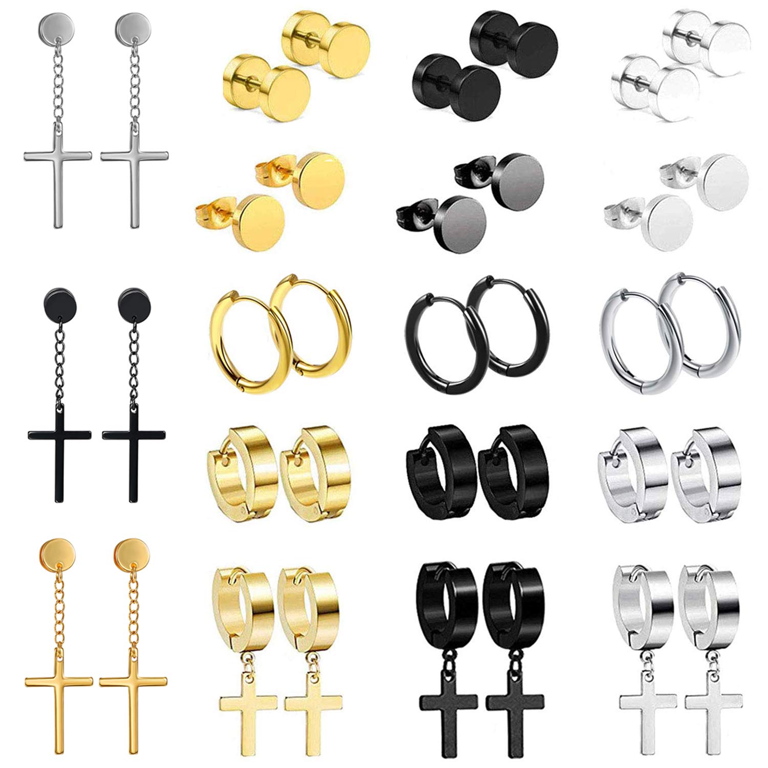 18 Pairs Stainless Steel Stud Dangle Earrings Set for Men Women Cool Huggie Hoop Earring Piercing Silver,Gold,Black
