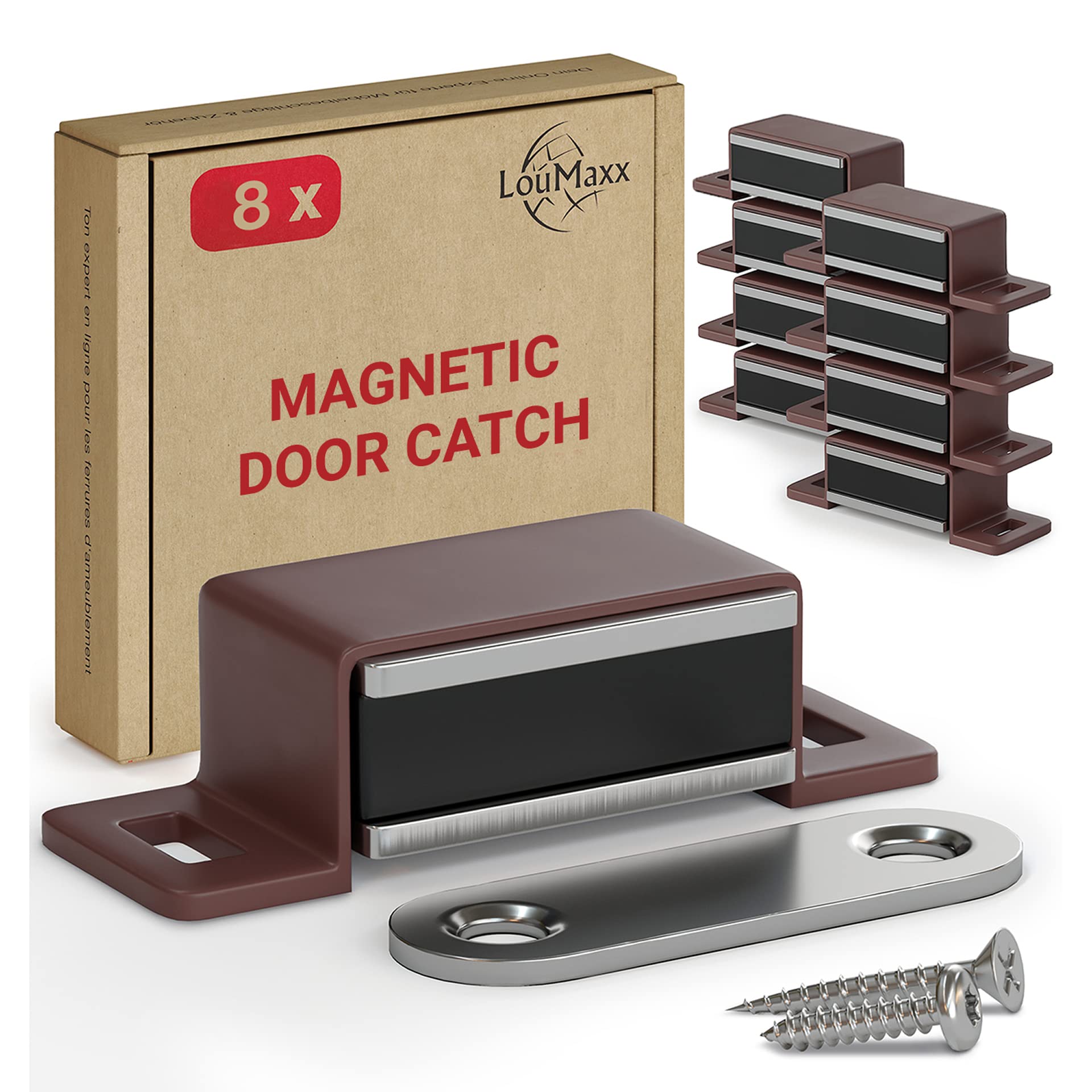 LouMaxx Strong Magnet – Holding Force 4 kg – Pack of 8 - Brown Door Magnet – Magnetic Closure – Screw On Magnet, Magnetic Closing Cabinet