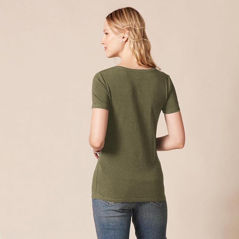 Damen T-Shirt Regular Fit mit kurzen Ärmeln und V-Ausschnitt, 2er-Pack, Olivgrün/Haferbeige Meliert, M