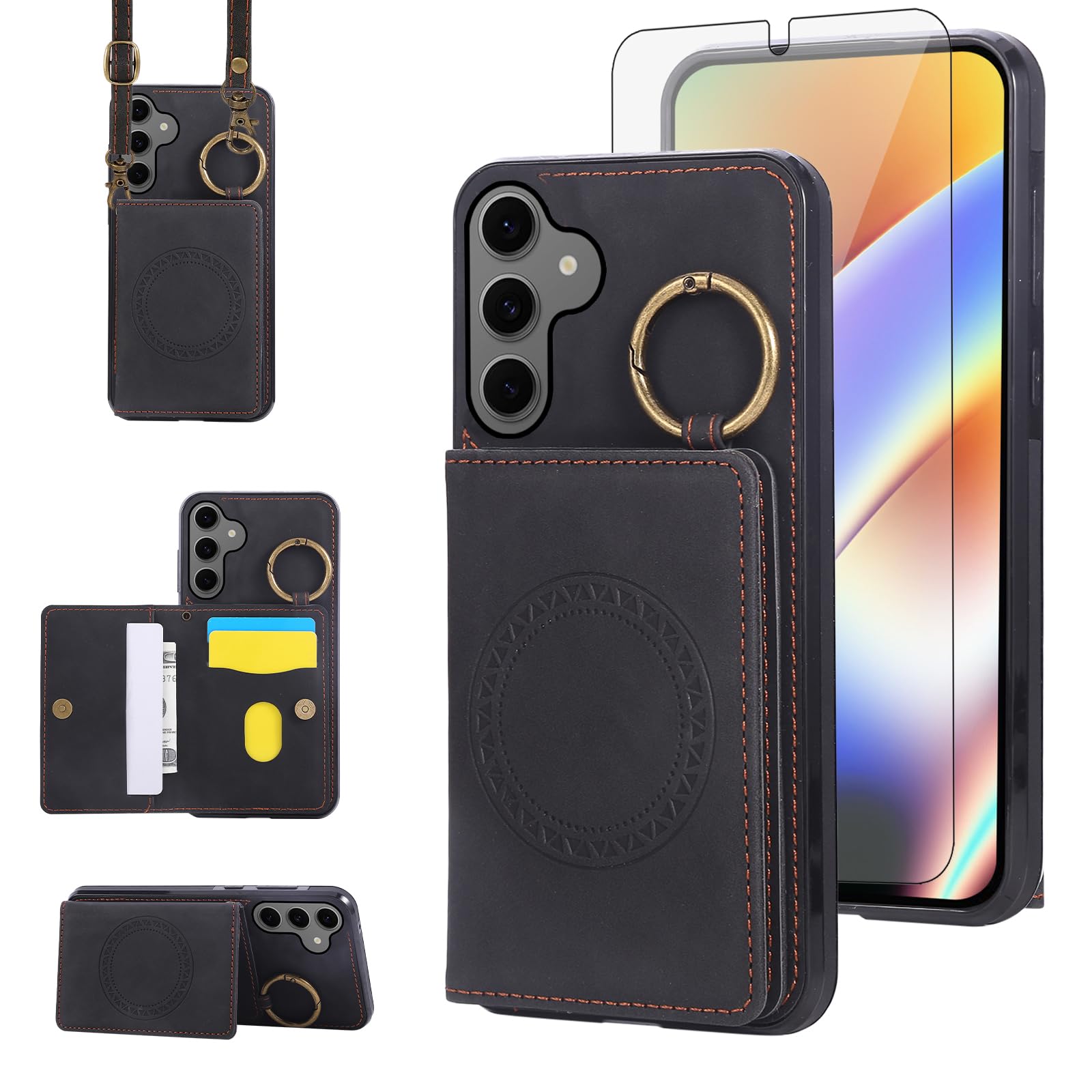 Compatible with Samsung Galaxy S24 Plus/S25 Plus S24+ S25+ 5G Wallet Case and Screen Protector Crossbody Shoulder Strap Ring Buckle Stand Card Holder Phone Cover for S24Plus S25Plus Women Men Black