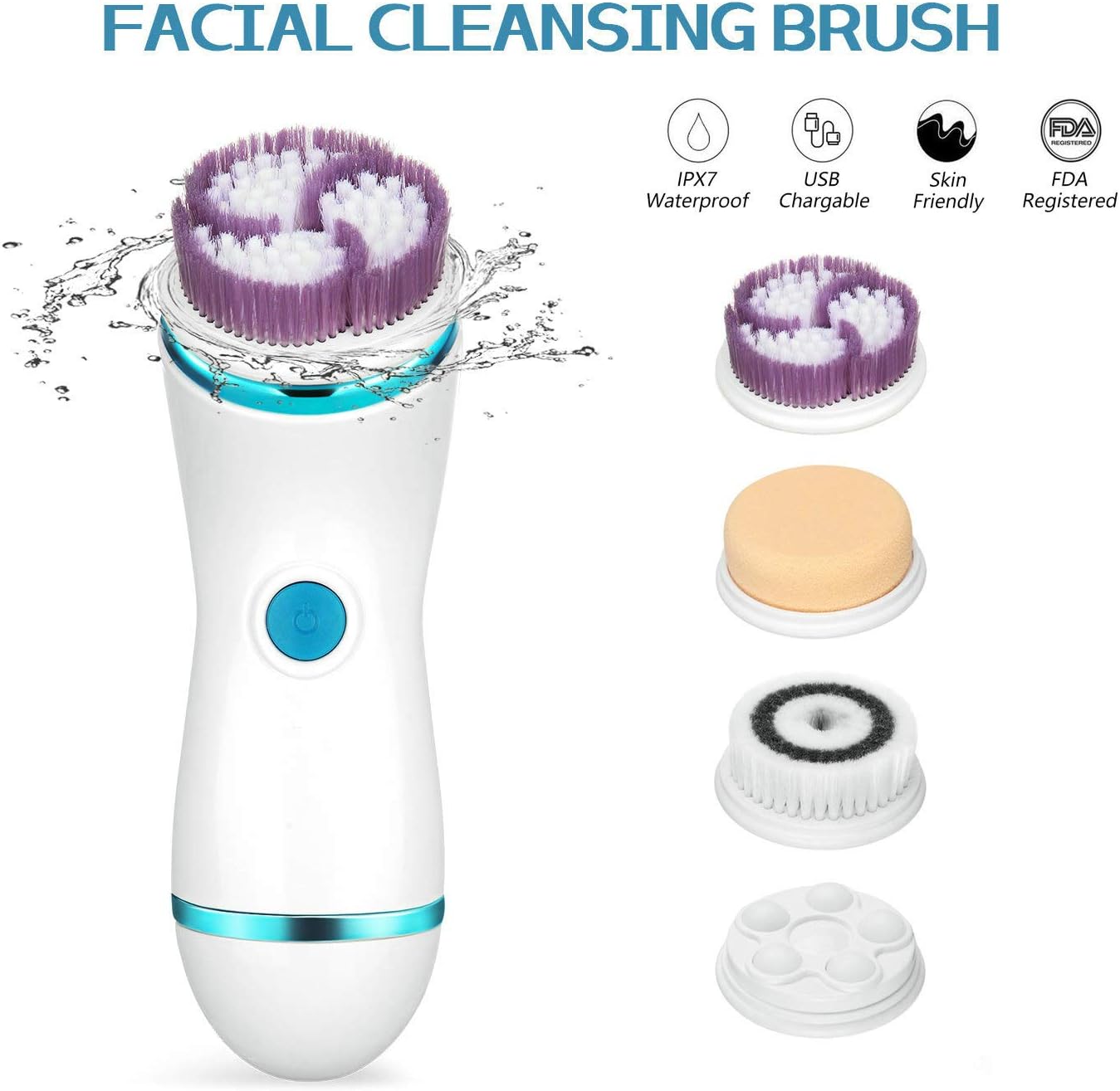 BEATTYMAMA 4 IN 1 Facial Cleansing Brush, Rechargeable Electric Face & Body Scrubber for Deep Cleansing with Latest Ion Technology & 4 Brush Heads, Waterproof Skin Care Massage - Gentle Exfoliating