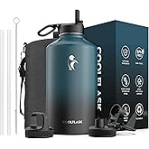 Coolflask 128 oz Gallon Water Bottle Insulated with Straw&3 Lids, Water Jug Large Stainless Steel Metal Vacuum Wide Mouth for Sports, Gym or Office, Non-BPA Keep Cold 48H Hot 24H, Samurai Cyan