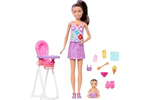 ​Barbie Skipper Babysitters Inc. Playset with Brunette Doll, Brunette Toddler Doll, High Chair & 8 Accessories Including Food