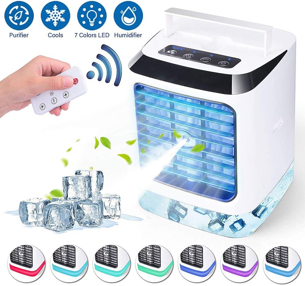 DXFK.AM Mobile Air Conditioner, Portable Air Cooler, 4 in 1 Evaporative Coolers, Humidifier, Purifier, 7 Colors LED Night, 3 Speeds Desktop Cooling Fan for Office, Home, Dorm, Travel