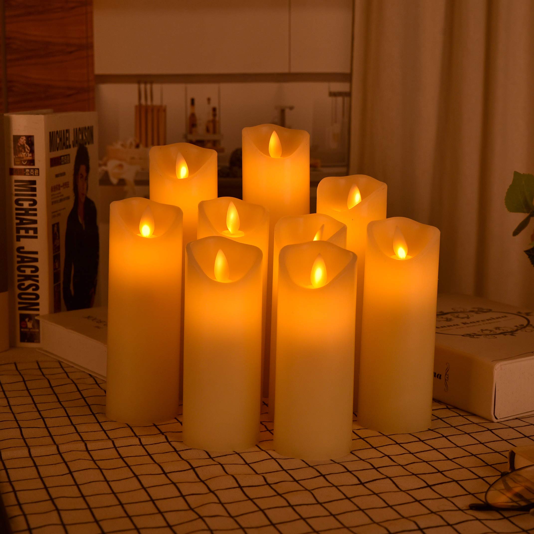OSHINE LED Candles - Flameless Real Wax Pillar Flickering Battery Candles (6-9") Set of 9 With 10-key Remote Control Timer (300 Hours)