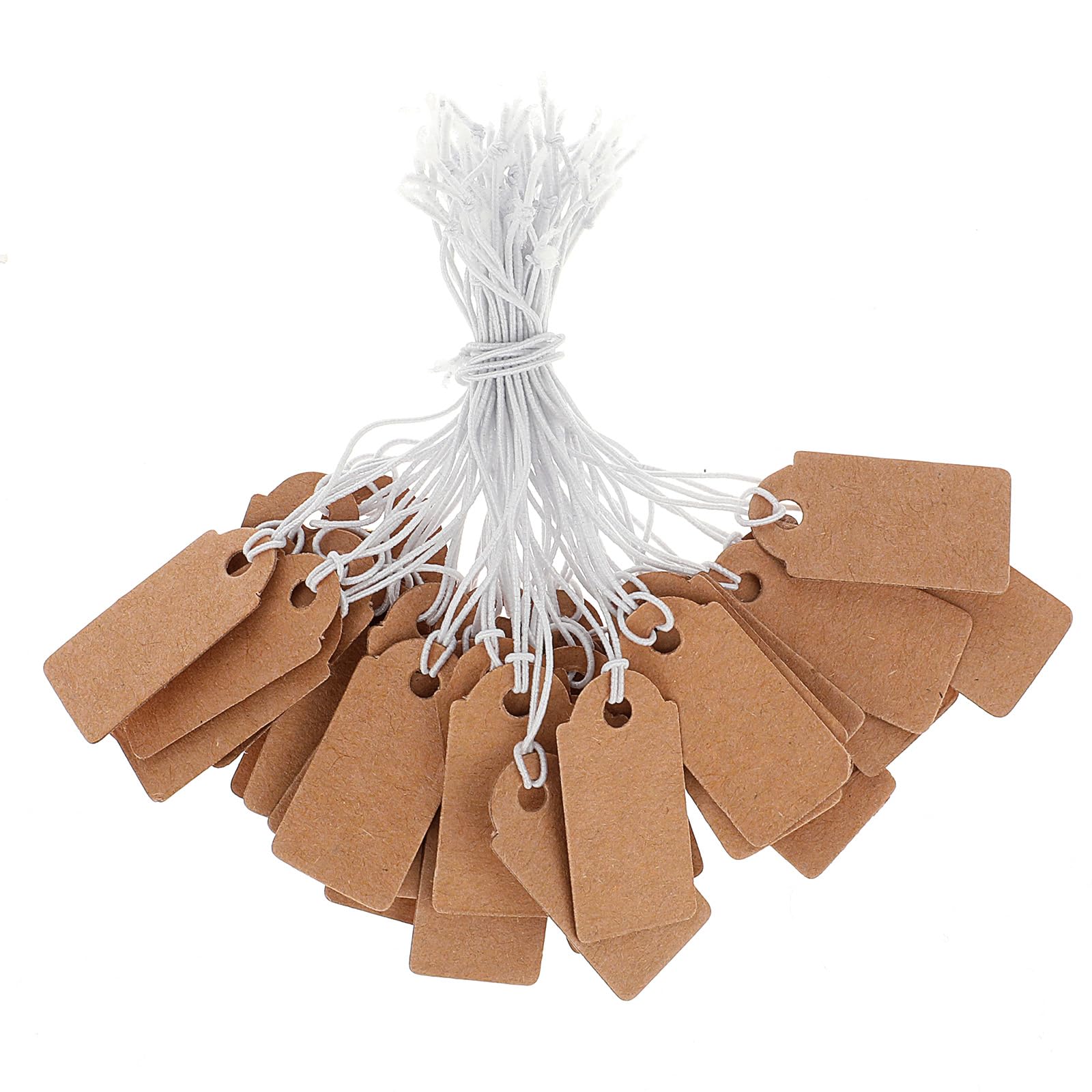 Dimeho 200 Pcs Price Tags, Paper Hang Tags with Elastic String Attached Writable Display Label Marking Strung Tags for Product Clothes Jewelry Price Labels Craft Tag (1.02 × 0.51 Inch, Brown)