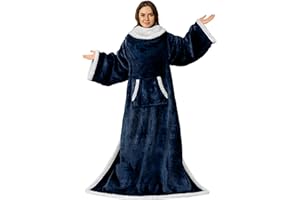 PAVILIA Premium Sherpa Fleece Blanket with Sleeves for Women Men Adult, Wearable Blanket Warm Cozy, Super Soft Thick Sleeved Throw with Arms Pocket, Gift for Women Mom Wife (Navy Blue)
