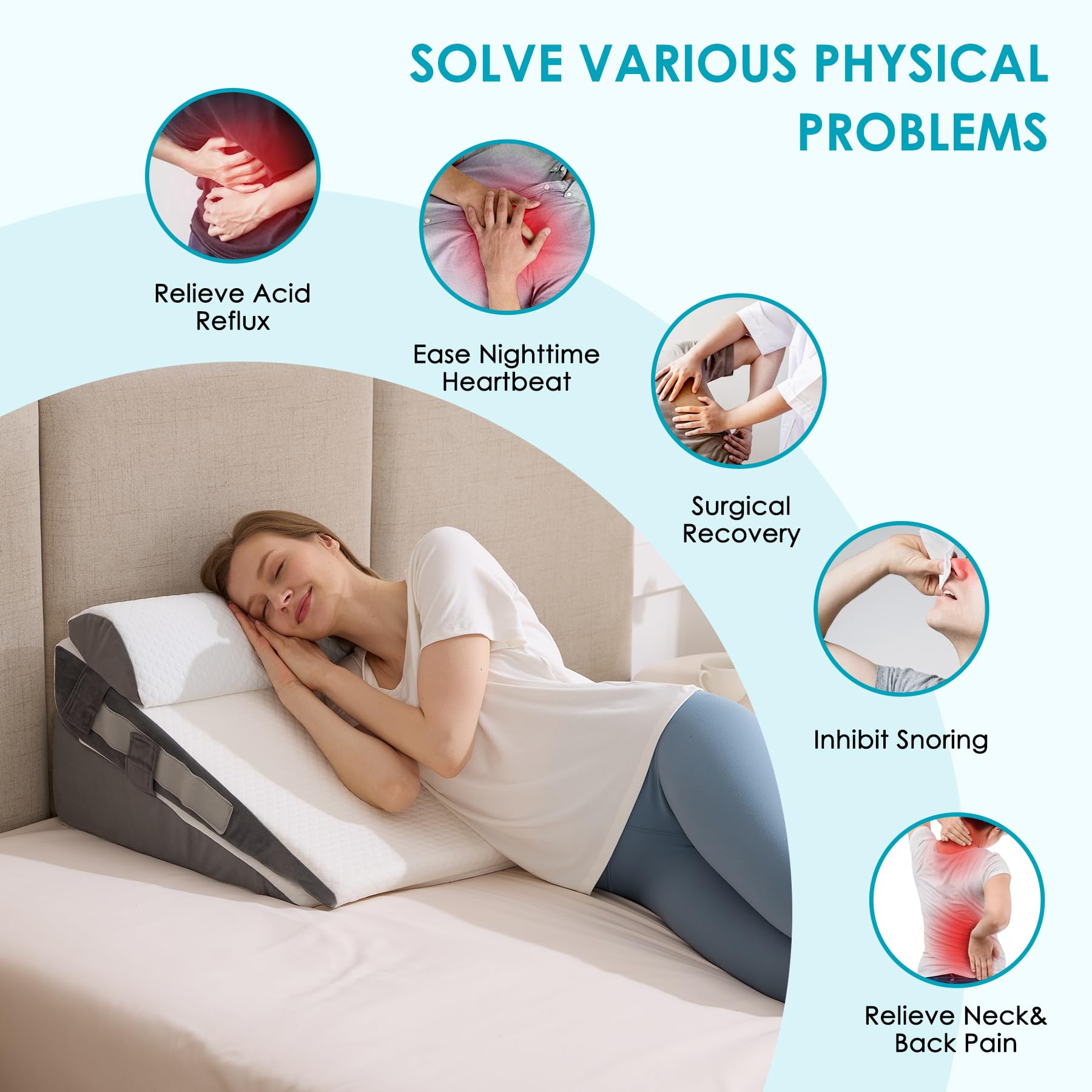 WGAKCED 3Pcs Wedge Pillow Set for After Surgery,Acid Reflux Relief, Adjustable Bed Wedge Pillows for Sleeping,Anti Snore, Memory Foam Triangle Pillow for Back&Neck&Shoulder Pain Relief, White&Grey