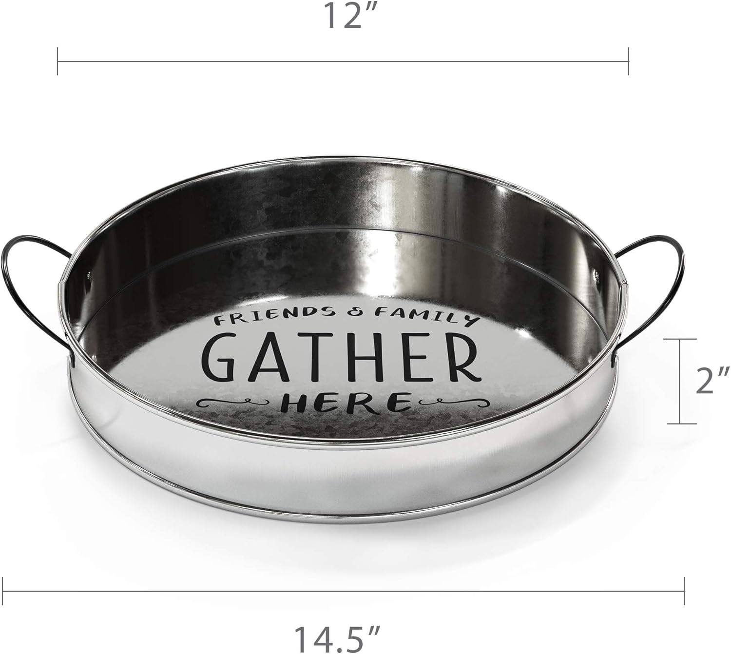 Barnyard Designs Decorative Farmhouse Round Metal Tray with Handle, Serving Tray for Coffee Table, Rustic Ottoman Decor, Silver, Small, 12”: Kitchen & Dining