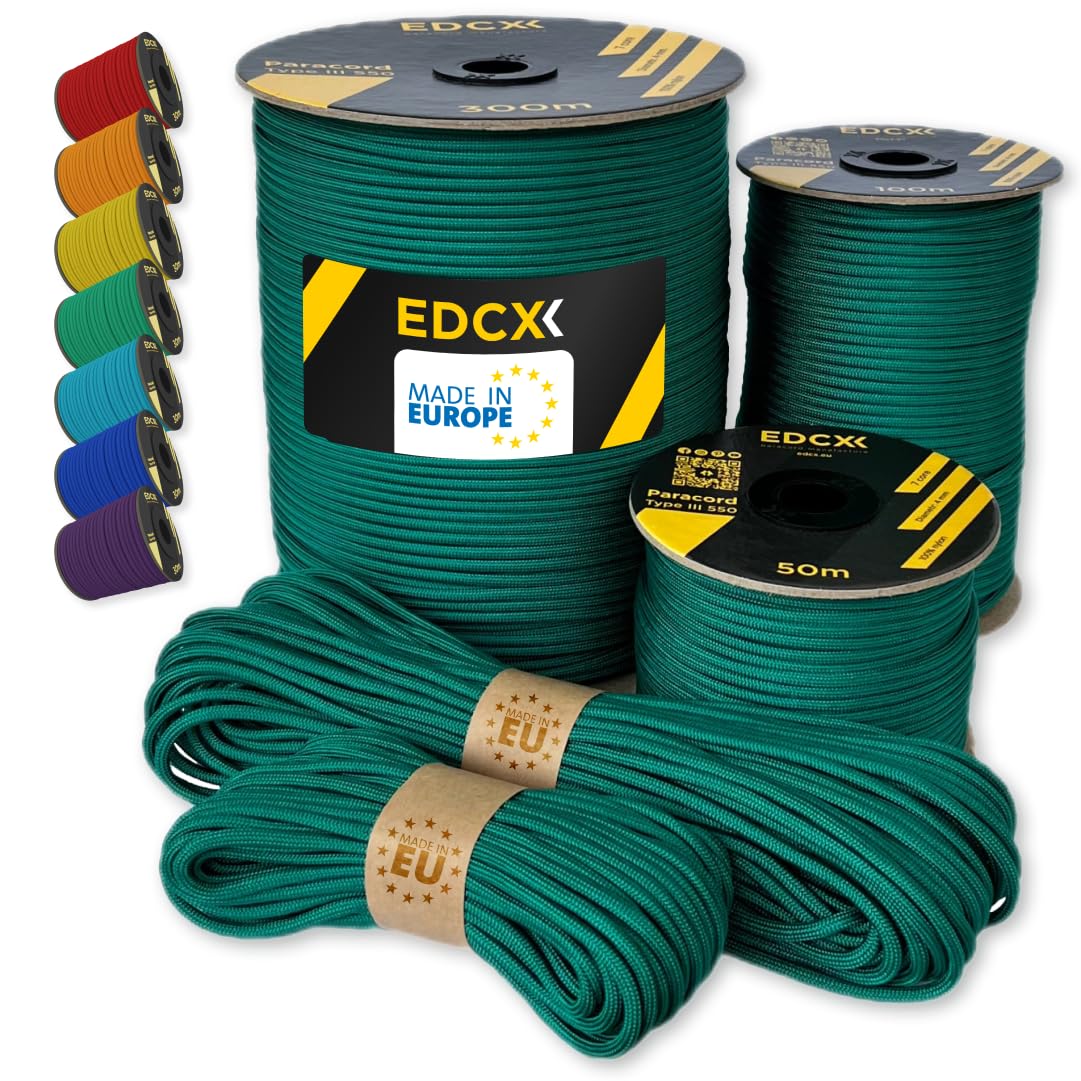 EdcX Paracord 4mm, 35+ Solid Colors (10m, 15m, 30m, 50m, 100m, 300m) | Ideal for Crafting, DIY, Camping, Survival, Outdoor | 100% Nylon Rope 4mm | Tactical Cord 550 Type III (Emerald Green, 15 m) — image 1
